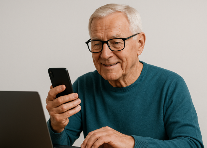 Elderly Man Engaged with Devices Elderly Man Engaged with Devices